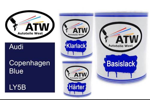 Audi, Copenhagen Blue, LY5B: 1L Lackdose + 1L Klarlack + 500ml Härter - Set, von ATW Autoteile West.